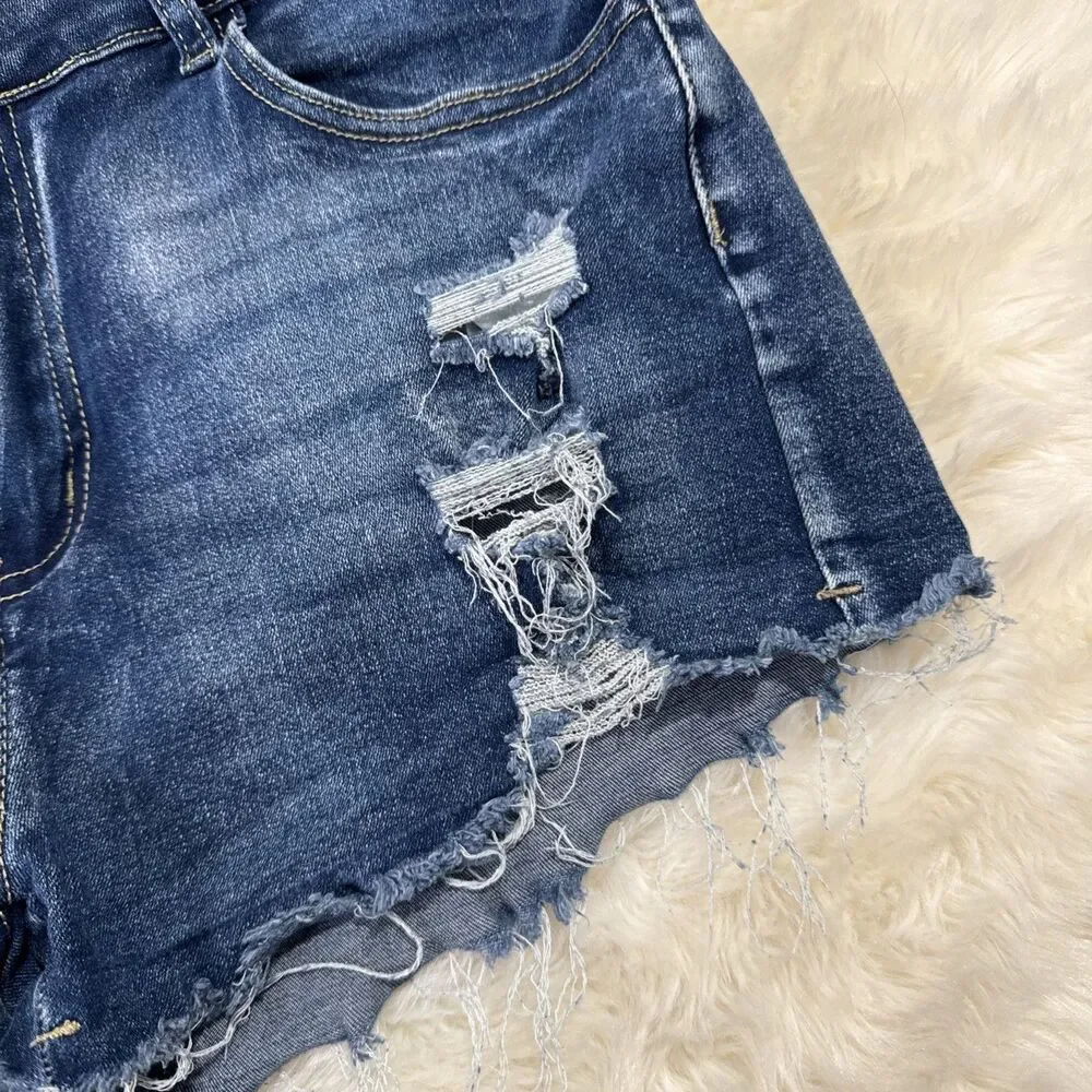 Shein Denim Shorts L (W30 Inseam 2) Blue Distressed Raw Hem Stretch Womens